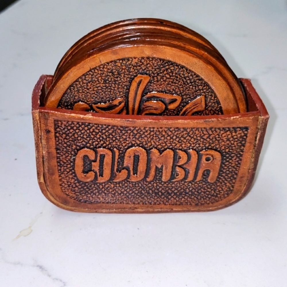Hand Tooled Leather & Coaster Set of 6 coasters. COLOMBIA